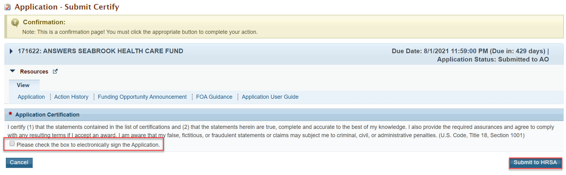 Screenshot of Application - Submit Certify page