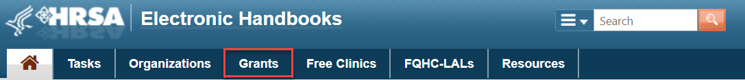 Screenshot of EHBs header showing Grants