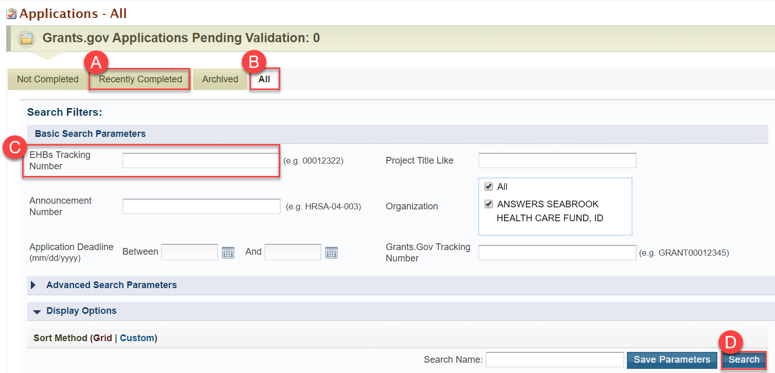 Screenshot of applications search options